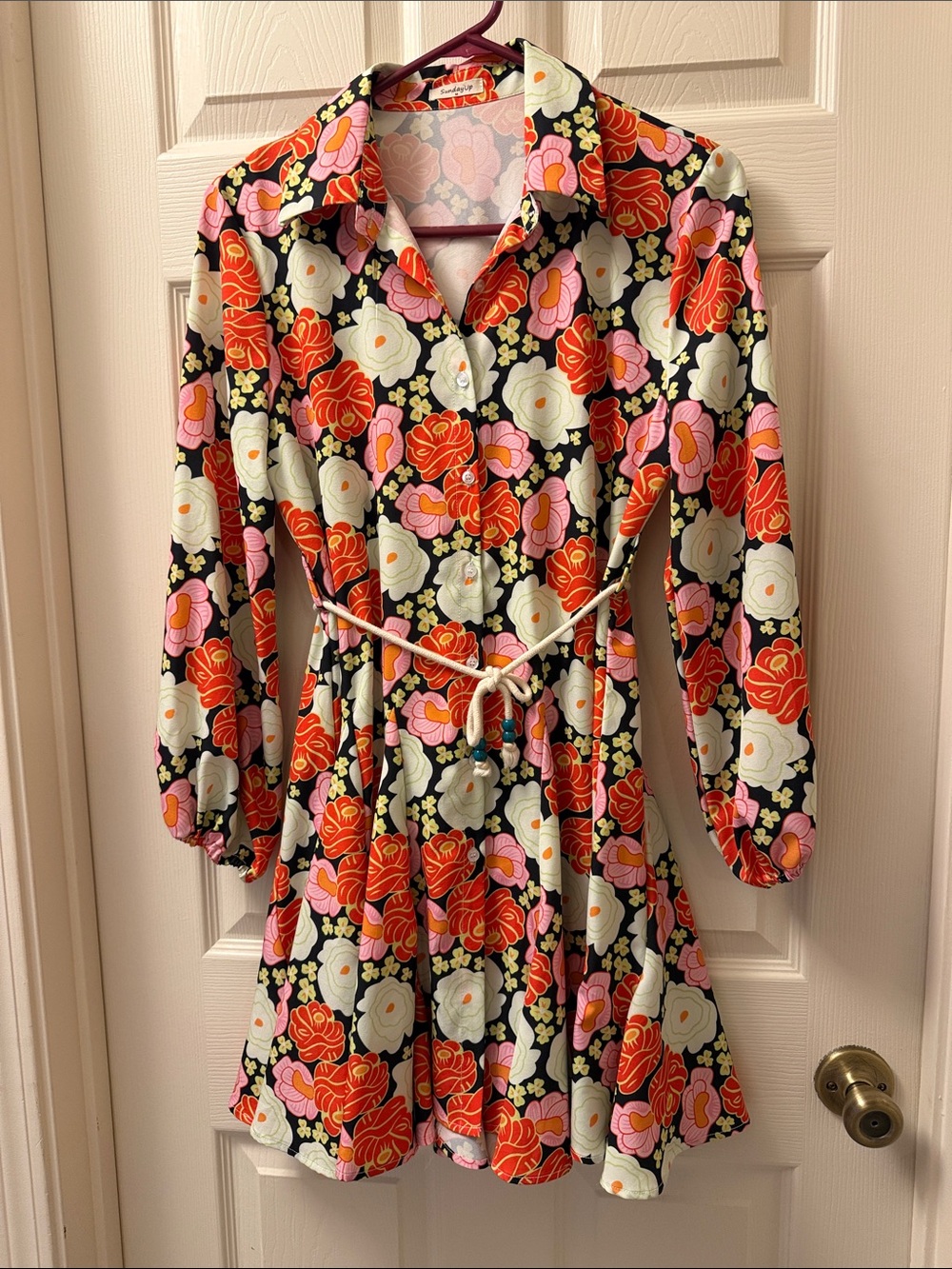 Sunday Floral Button-Front Mini Dress in Black, Red, Pink & Cream - Retro style